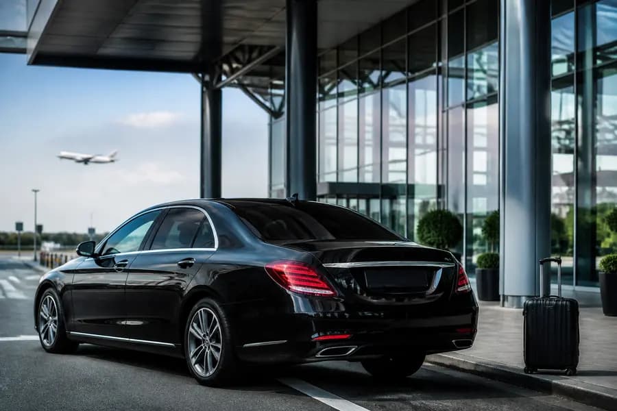 Véhicule VTC premium devant un aéroport pour un transfert Transports Prestiges VTC